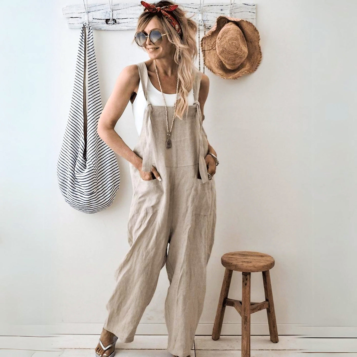 Scarlett™ - Casual Loose Cotton Linen Solid Pockets Jumpsuit