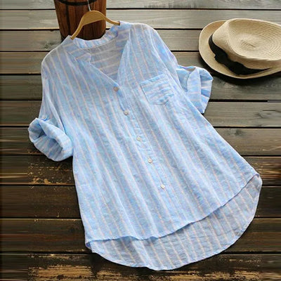 Layla™ - Cotton Linen Striped Long Sleeve Shirt