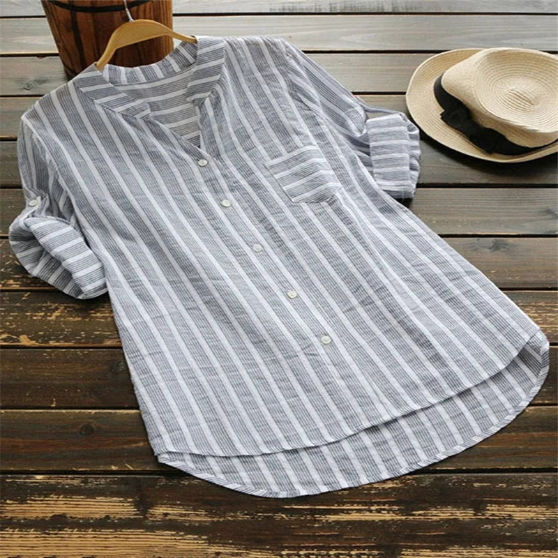 Layla™ - Cotton Linen Striped Long Sleeve Shirt