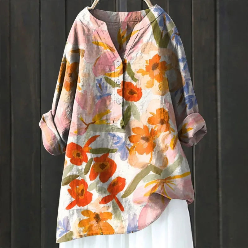 Luna™ - Vintage Floral Art Print Linen Shirts