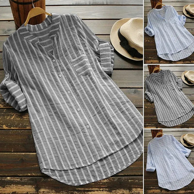 Layla™ - Cotton Linen Striped Long Sleeve Shirt