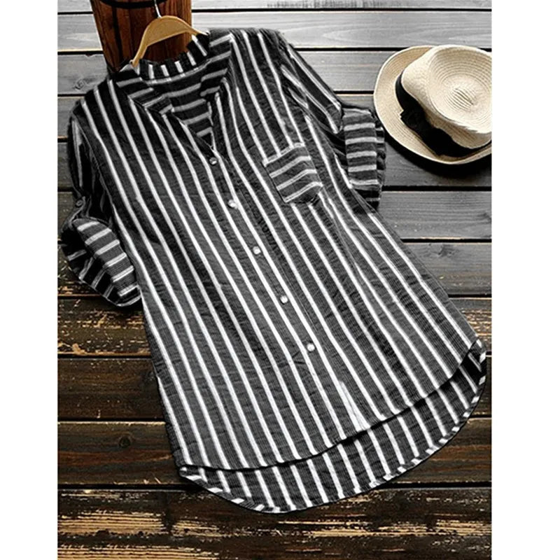 Layla™ - Cotton Linen Striped Long Sleeve Shirt