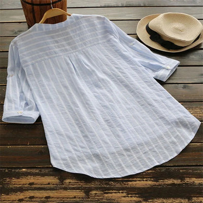 Layla™ - Cotton Linen Striped Long Sleeve Shirt