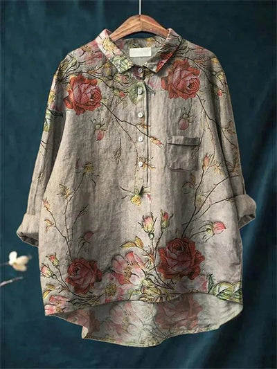 Mia™ - Vintage Retro Floral Art Print Cotton Linnen Shirt