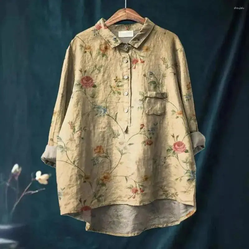 Mia™ - Vintage Retro Floral Art Print Cotton Linnen Shirt