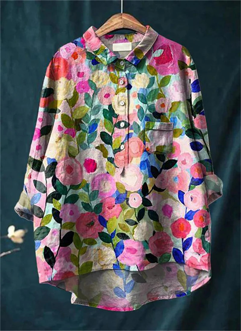 Olivia™ - Vintage Colorful Floral Art Print Cotton Linnen Shirt