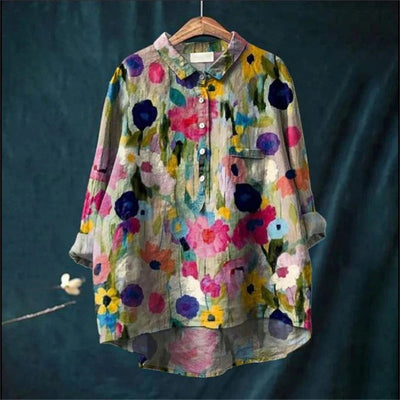 Olivia™ - Vintage Colorful Floral Art Print Cotton Linnen Shirt