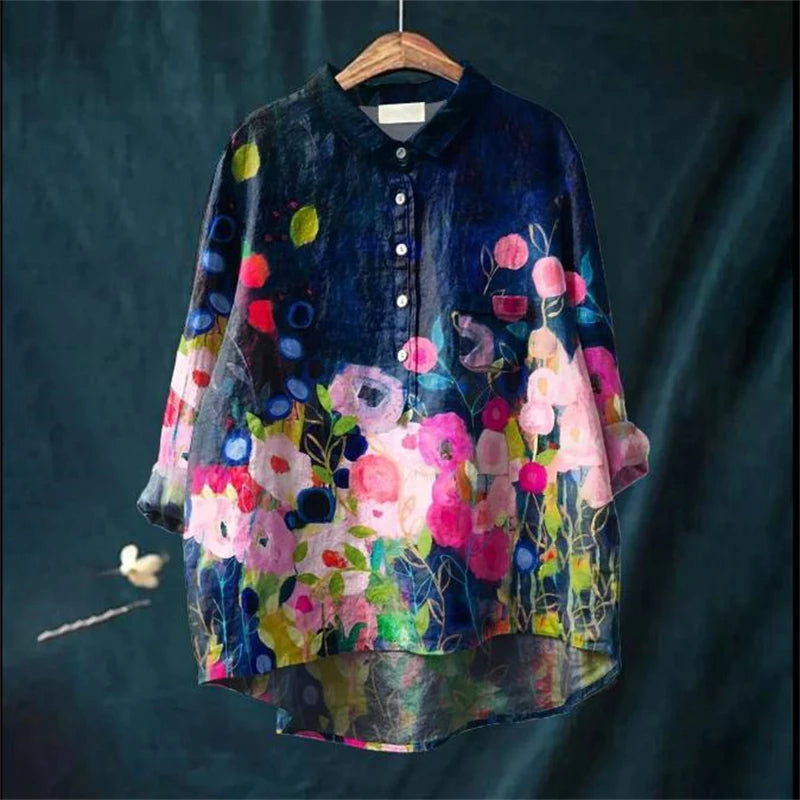 Olivia™ - Vintage Colorful Floral Art Print Cotton Linnen Shirt