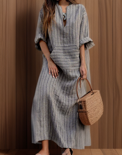 Harper™ - Casual Maxi Dress with Vintage Stripes and V-neck